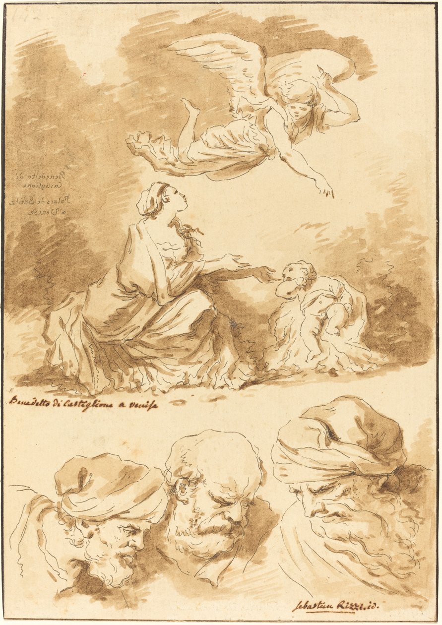 Hagar Getroost door een Engel (naar een schilderij van Castiglione) en Drie Hoofden van Oude Mannen (naar een schilderij van Ricci van Jezus en de Overspelige Vrouw) door Jean Claude Richard de Saint Non after Jean Honoré Fragonard