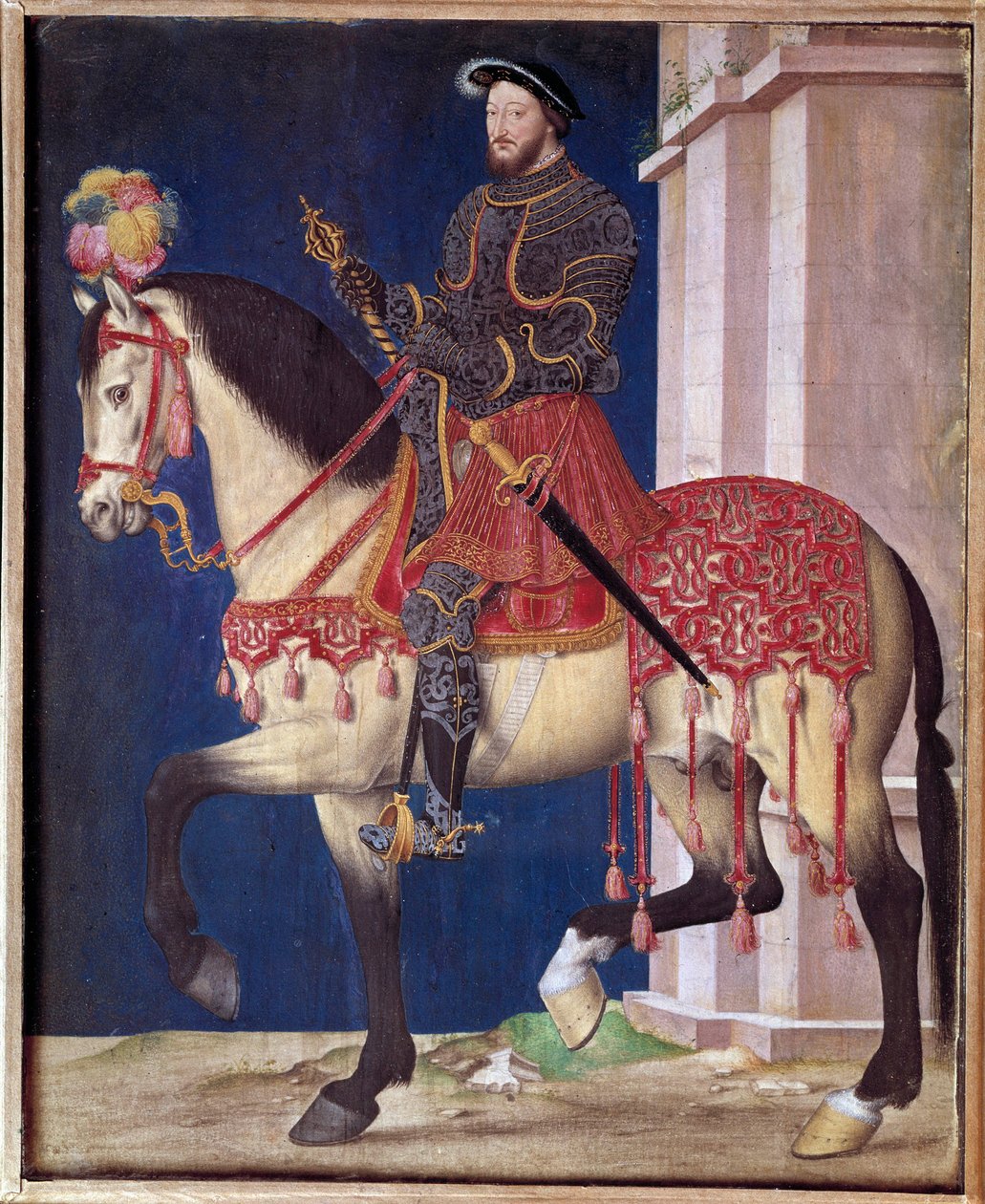 Ruiterportret van François I. Schilderij van de school van Jean Clouet door Jean Clouet