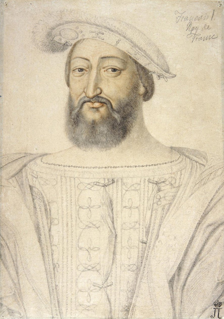 Portret van Frans I (1494-1547), Koning van Frankrijk door Clouet, Jean (ca. 1485-1541). Zwart krijt en sanguine op papier, formaat: 31,6x22,5, Eerste helft van de 16e eeuw, Staats Hermitage, St. Petersburg door Jean Clouet