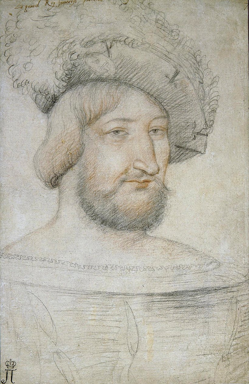 Portret van Frans I (1494-1547), Koning van Frankrijk door Clouet, Jean (ca. 1485-1541). Zwart krijt en sanguine op papier, formaat: 29,3x19,1, Eerste Helft van de 16e eeuw, Staats Hermitage, St. Petersburg door Jean Clouet