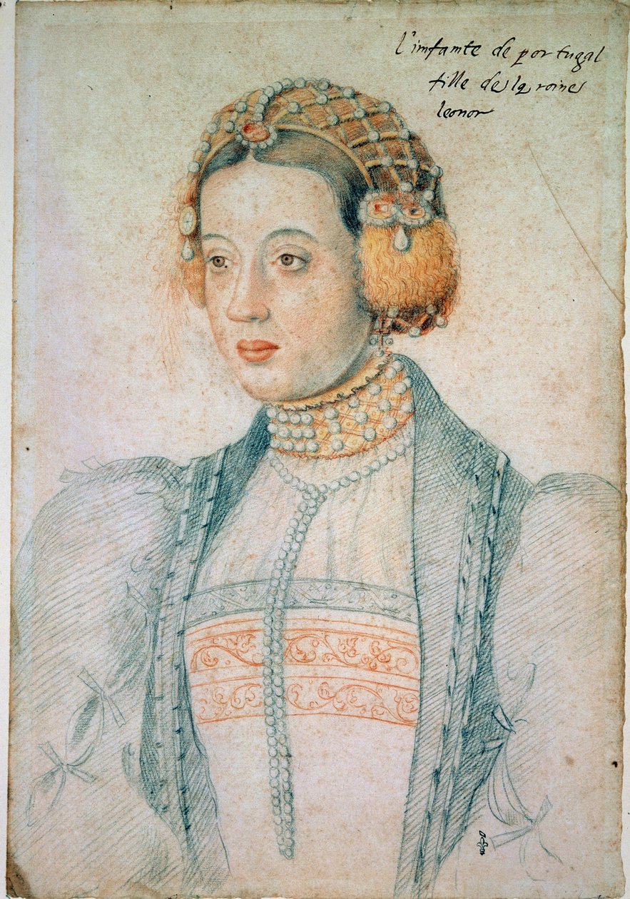 Portret van Maria van Portugal (1521-1578), dochter van Manuel I van Portugal en Eleonore van Oostenrijk. Tekening met zwarte steen en rood krijt door Jean Clouet (1475/1485-1540) door Jean Clouet