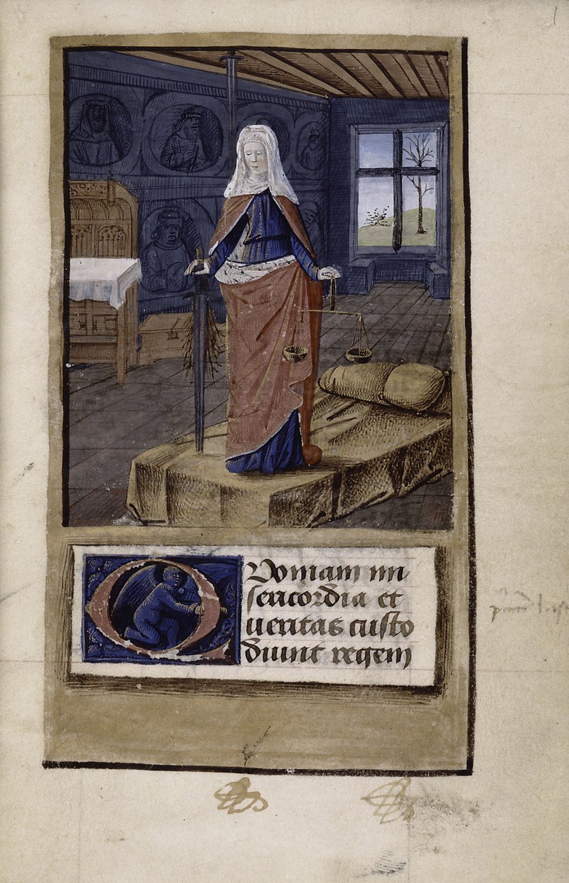 Allegorie van Justitie uit John of Wales Breviloquium de virtutibus antiquorum principum et philosophorum, 1475-1499 door Jean Colombe