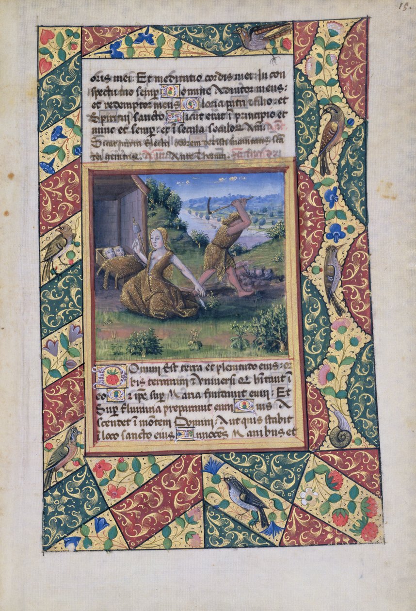 Adam en Eva aan het zwoegen, uit het Getijdenboek van Lodewijk van Orléans, 1490 door Jean Colombe