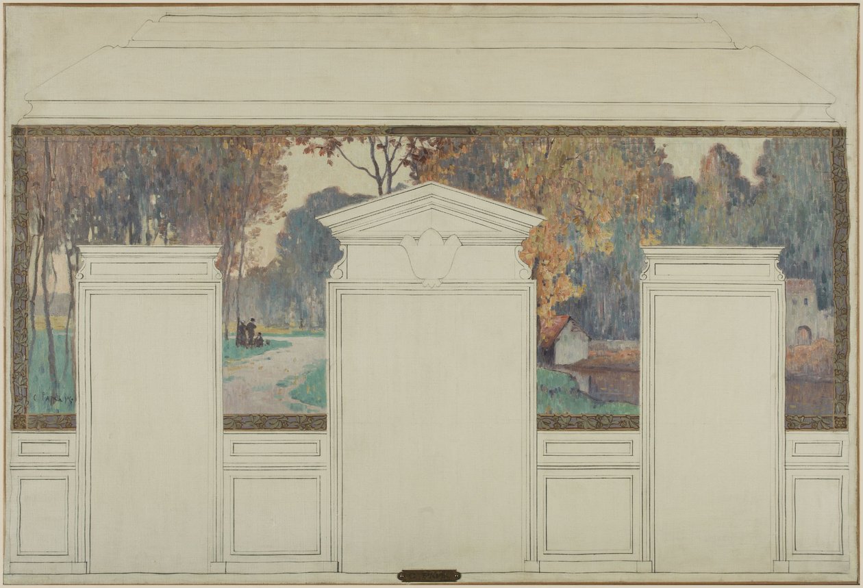 Schets voor het stadhuis van Fresnes: Landschap met wandelaars in de herfst door Jean Constant Pape