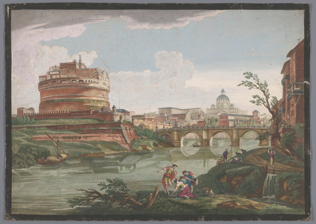 Gezicht op de Engelenburcht en de Engelenbrug over de rivier de Tiber te Rome door Jean Daullé
