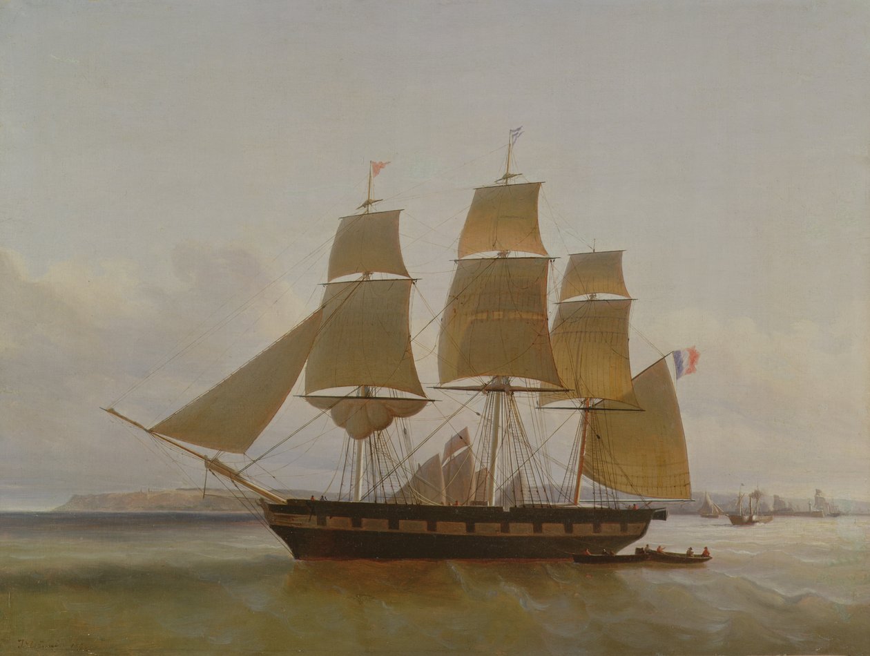 Drie-mast boot, in de haven van Le Havre, 1846 door Jean Dominique Drouin