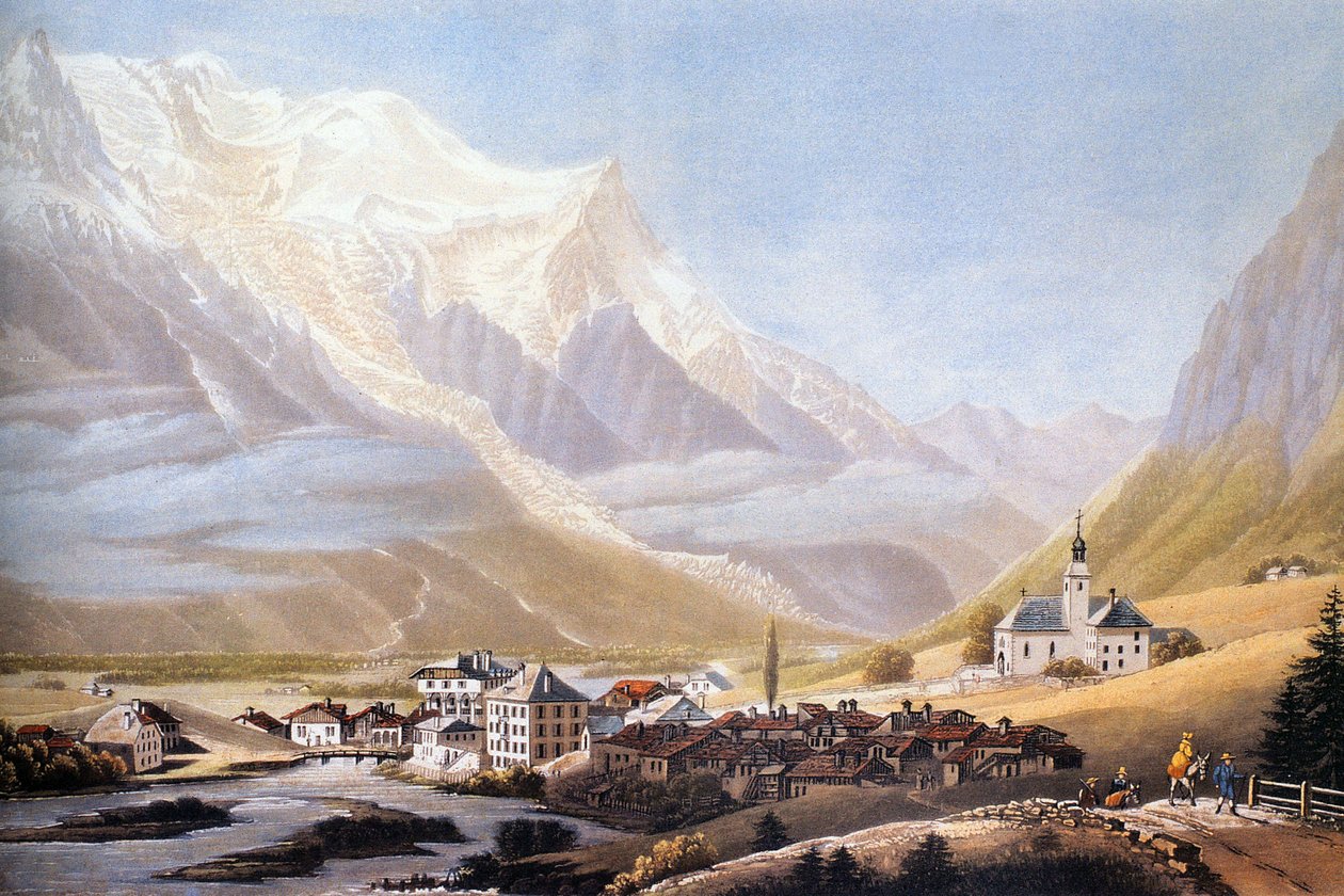 Vallei van Chamonix en Mont-Blanc massief, ca. 1810 (gravure) door Jean Dubois