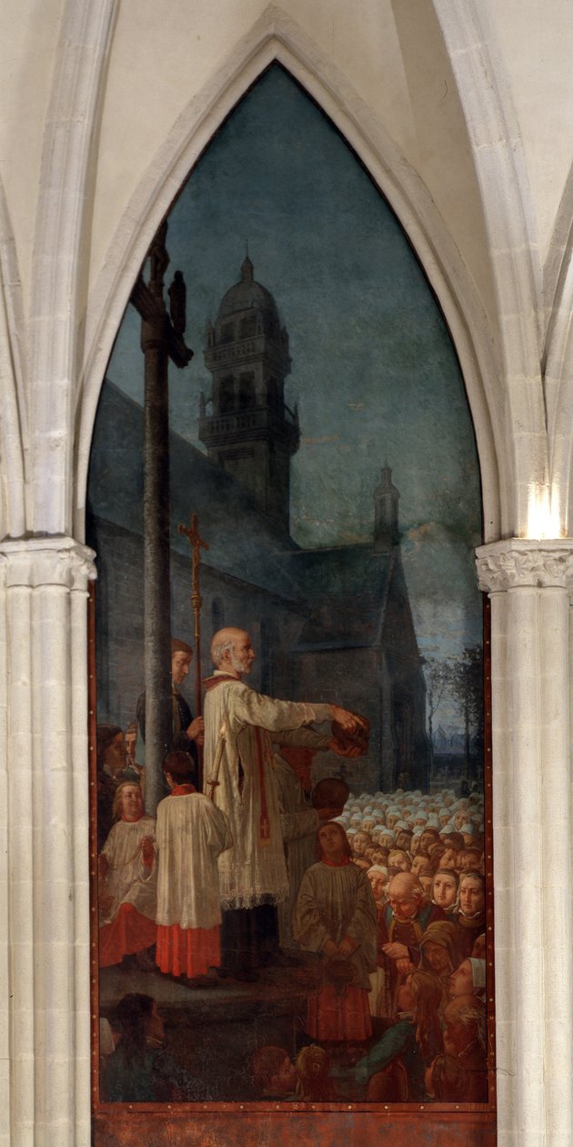 Prediking door Michel le Nobletz (1577-1652) buiten een kerk in Bretagne - Fresco, Saint Corentin Kathedraal, Quimper door Jean Edouard Dargent
