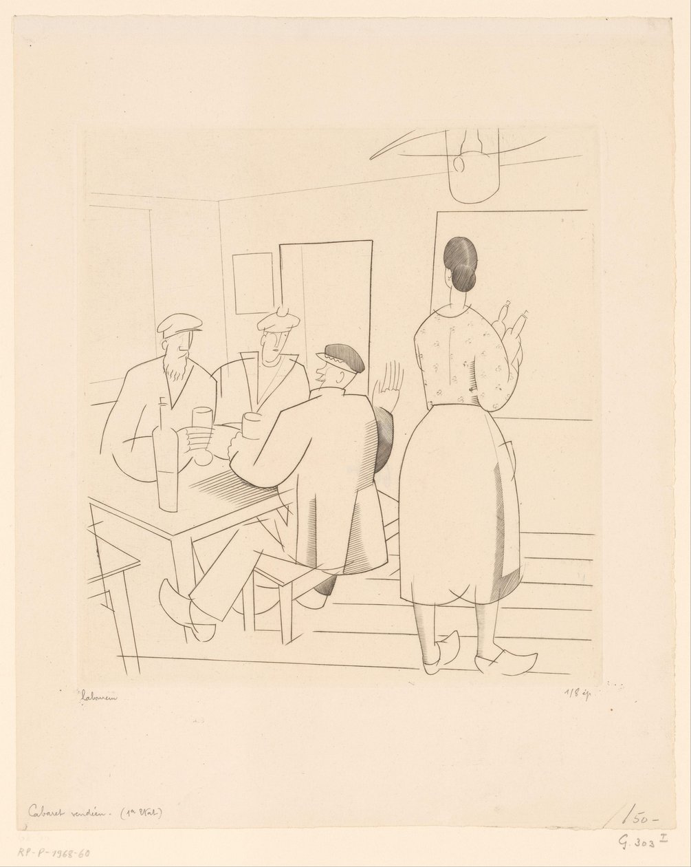 Caféinterieur met klanten en serveerster door Jean Emile Laboureur (signed by artist)
