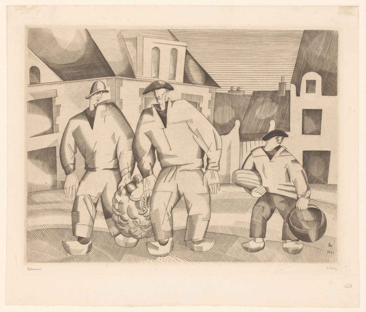 Drie zeemannen in een straat door Jean Emile Laboureur (signed by artist)