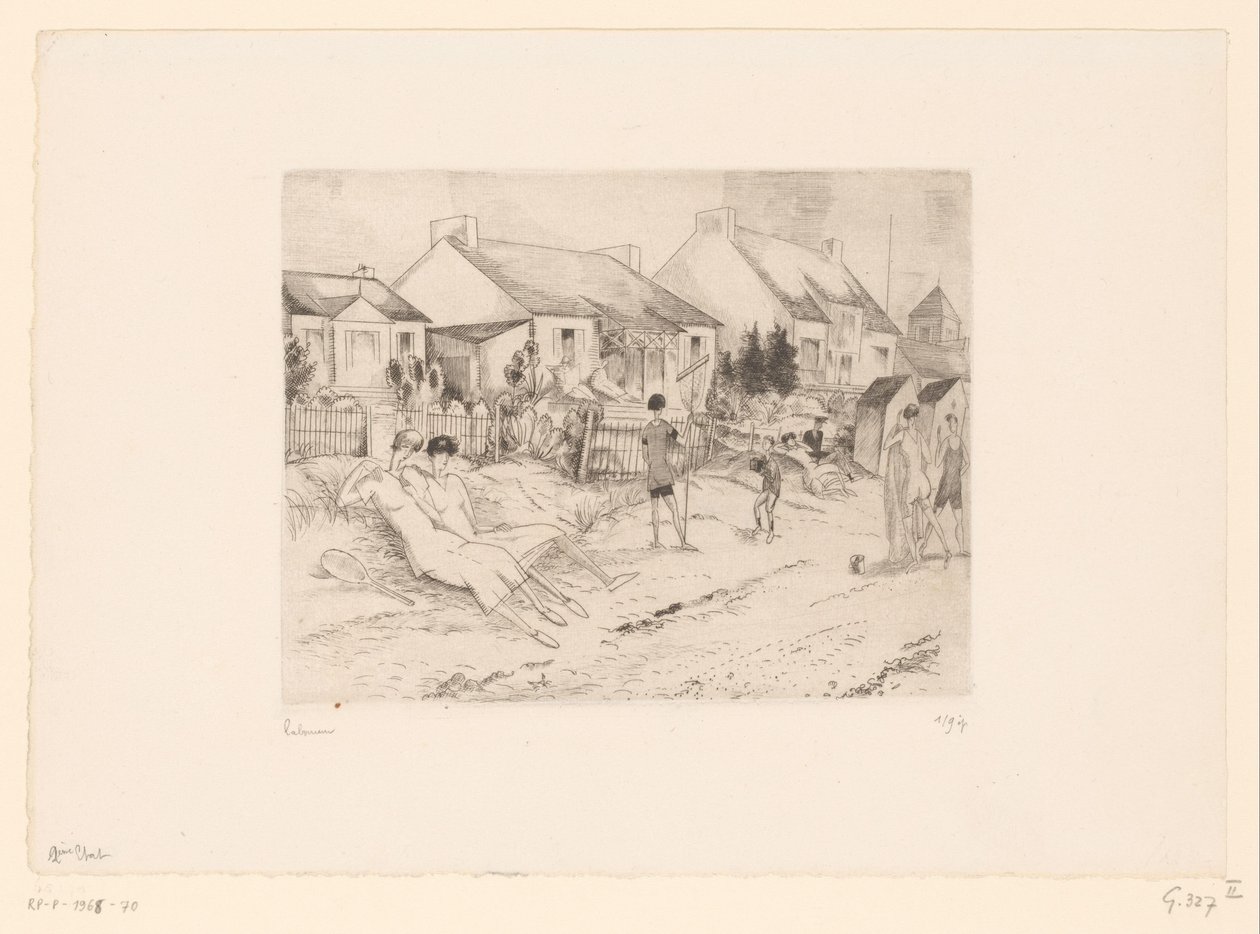 Rustende tennisspelers op het strand door Jean Emile Laboureur (signed by artist)