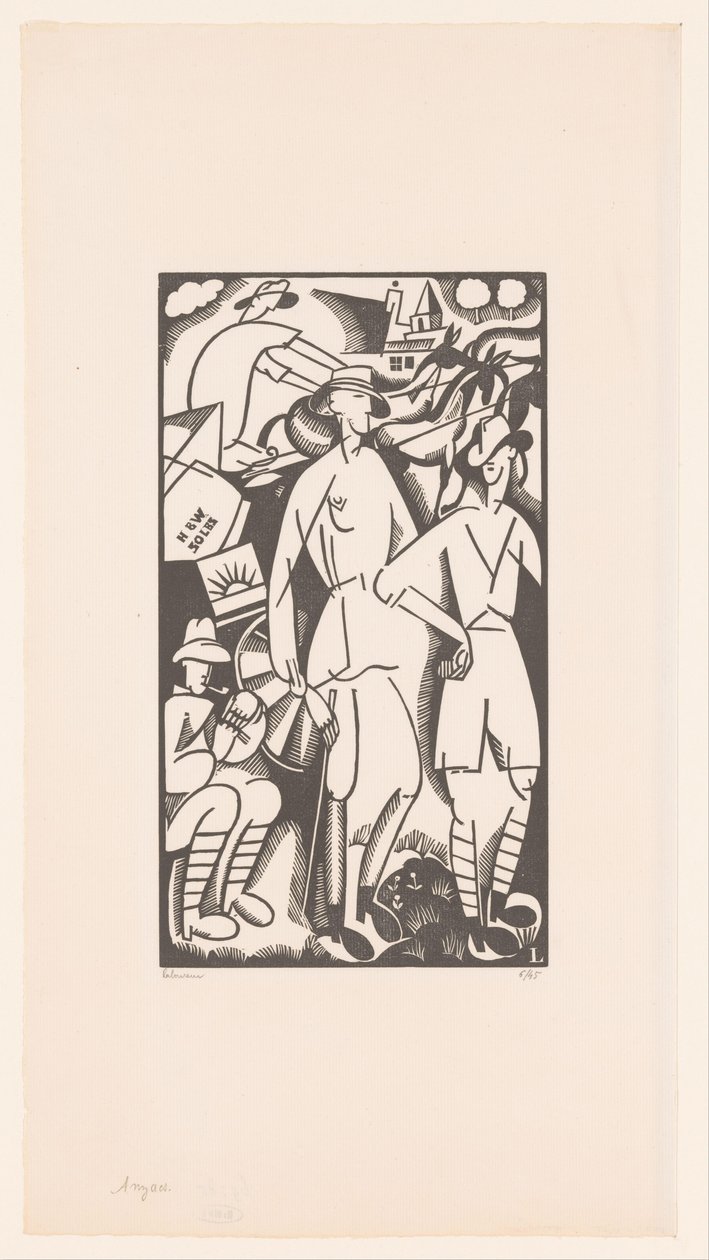 Vier soldaten in een landschap door Jean Emile Laboureur (signed by artist)