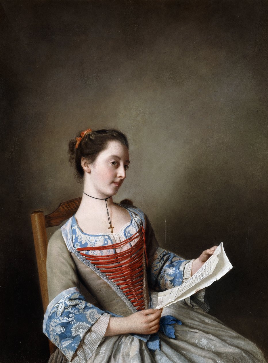 La Belle Liseus: Portret van juffrouw Susanna Lewis, zittend, in het kostuum van een Lyonnaise boerin door Jean Étienne Liotard