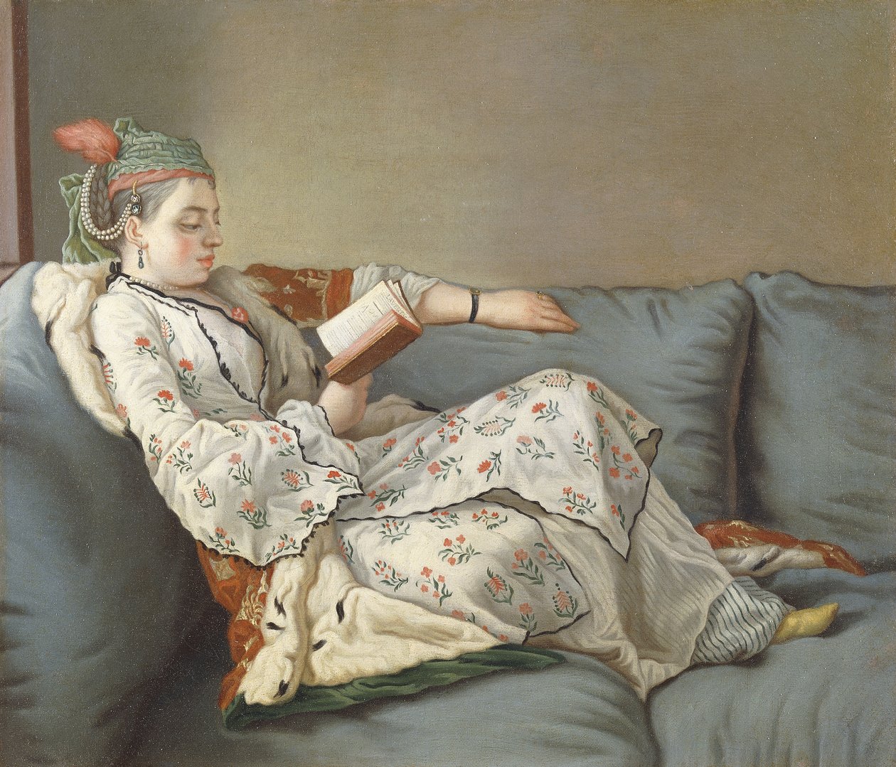 De Sultane Leest, een dame in Turkse kleding lezend op een divan door Jean Étienne Liotard