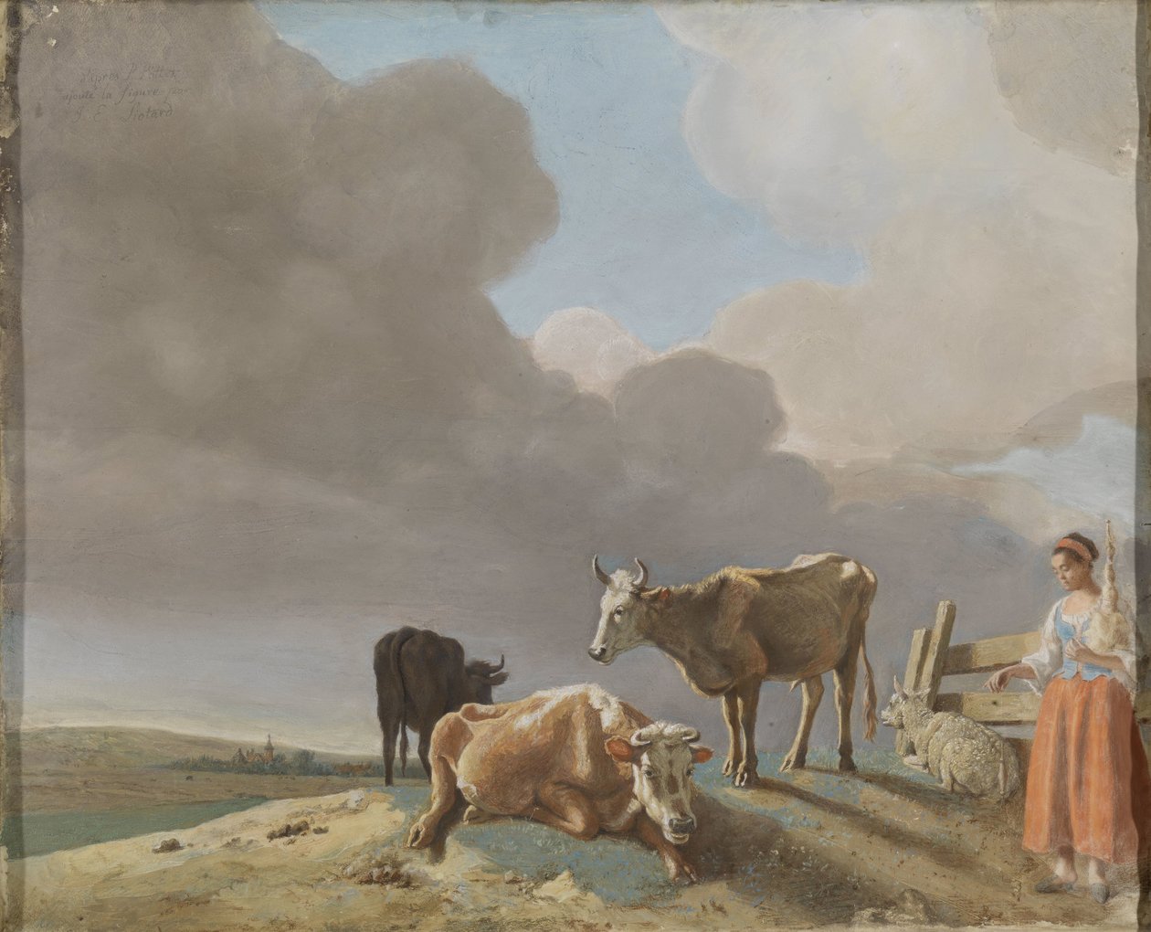 Landschap met koeien, schapen en herderin, gewijzigde kopie naar een schilderij van Paulus Potter, de herderin gekopieerd van een schilderij van Karel Dujardin (recto); onvoltooid portret van een man (verso) door Jean Étienne Liotard