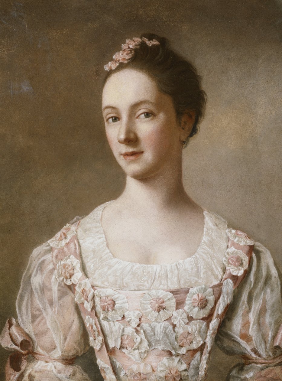 Portret van een Dame, Halflang, in een Roze en Witte Jurk door Jean Étienne Liotard