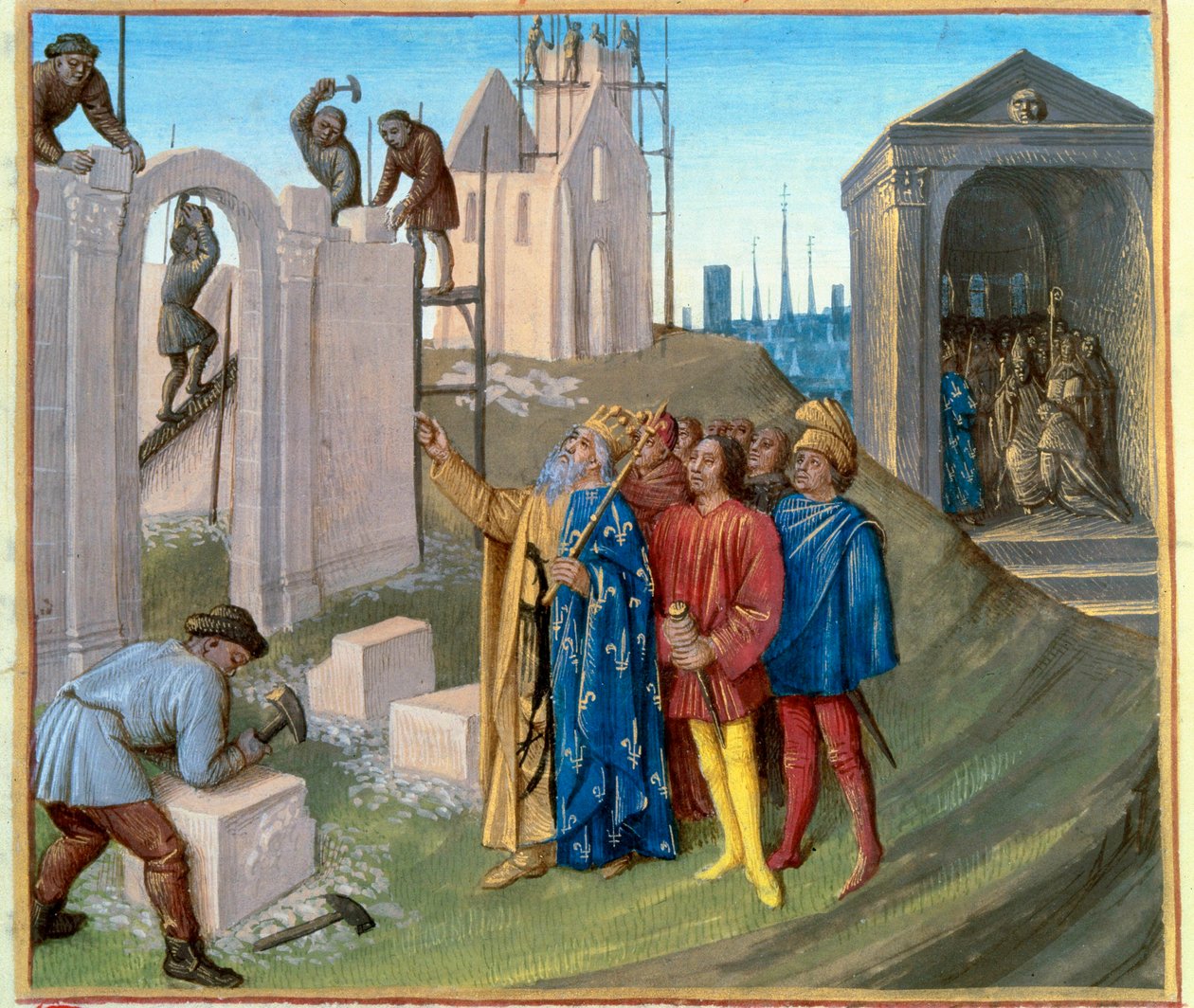 Bouw van het paleis van Aken (796-805) door Karel de Grote (742-814) die toezicht houdt op de bouwplaats. Rechts, Pepijn de Bult (770-811) die monnik wordt. Miniatuur uit 