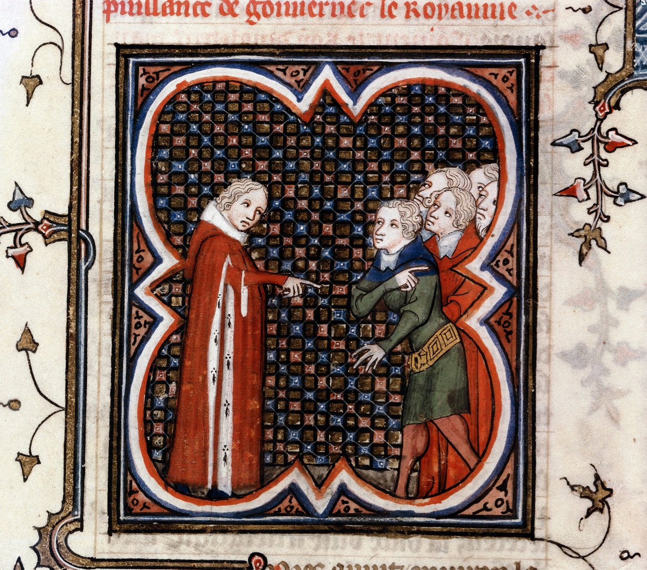 Etienne Marcel, een provoost van de kooplieden van Parijs, verteld door koning Jan II de Goede van Frankrijk om de "Grande Ordonance" van 1357 te respecteren en berispt voor zijn gedrag, in "De Grote Kronieken van Frankrijk" door Jean Fouquet, c. 1460 door Jean Fouquet