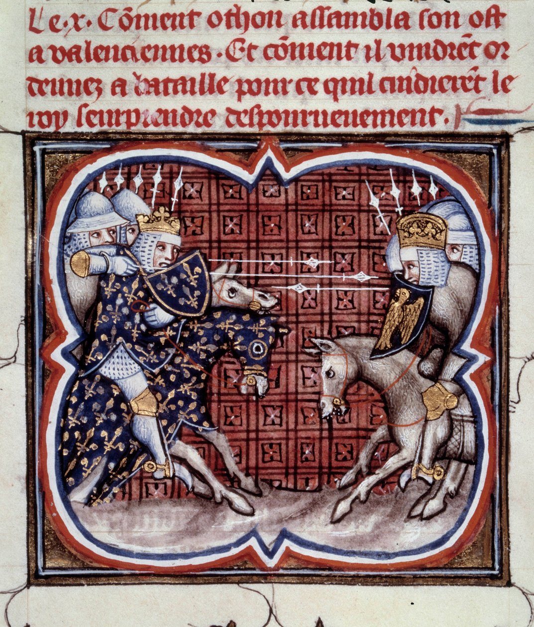 Frans-Engelse Oorlog (1202-1214): de Slag bij Bouvines op 27/07/1214 tussen het Franse leger van Philippe Auguste en de Vlaamse en Welfen van Othon IV. De Franse overwinning was beslissend voor de uitkomst van de oorlog. Miniatuur uit 