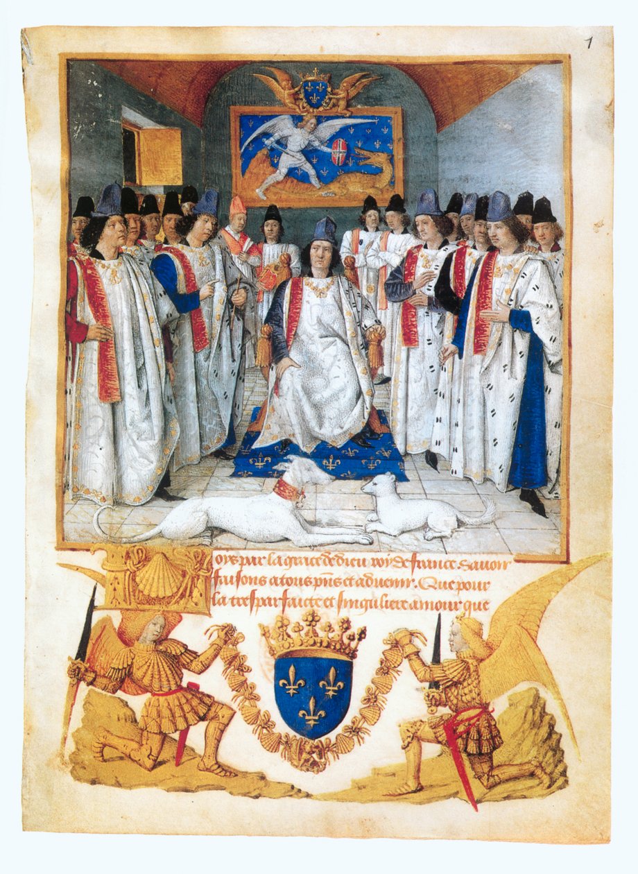 Koning Lodewijk XI zit een kapittelvergadering voor van de ... (geïllumineerd manuscript) door Jean Fouquet