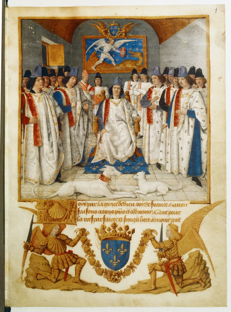 Louis XI zit een vergadering voor van de orde van Saint Michel ... door Jean Fouquet