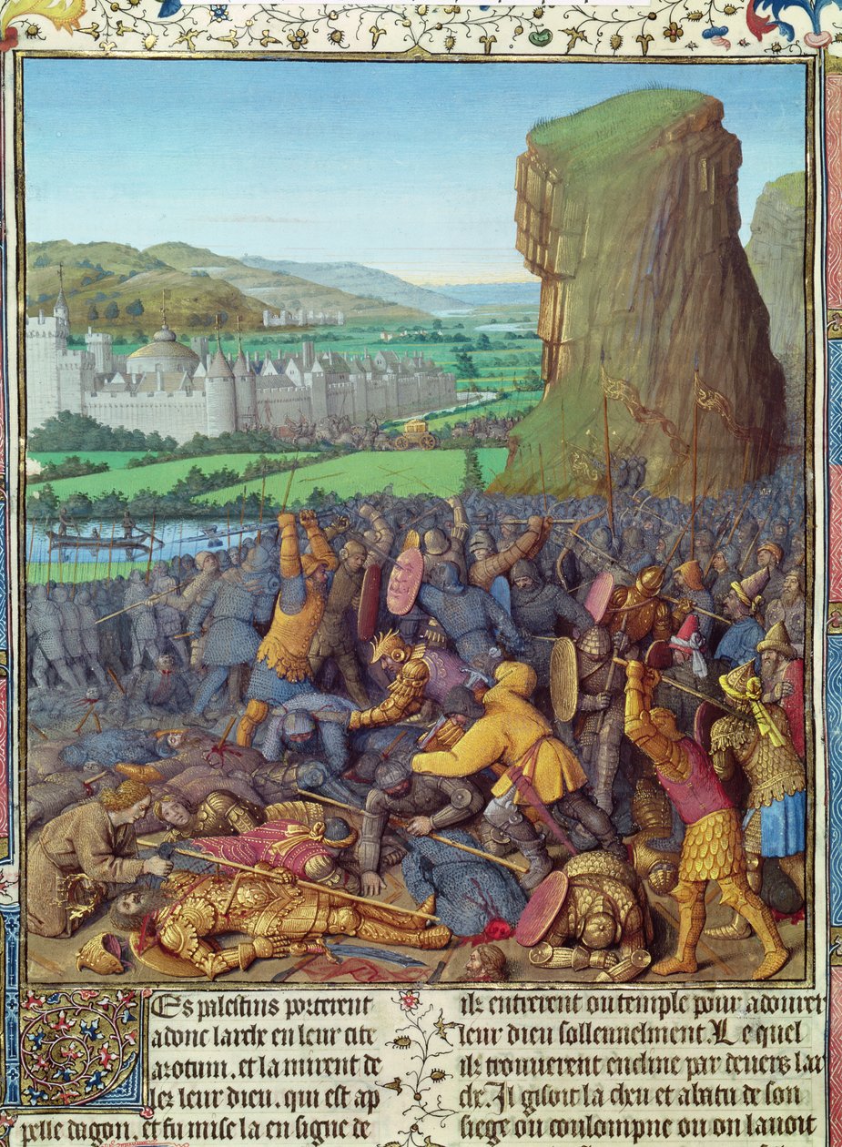 Ms Fr 247 fol.110 Overwinning van de Israëlieten op de Filistijnen, illustratie uit 