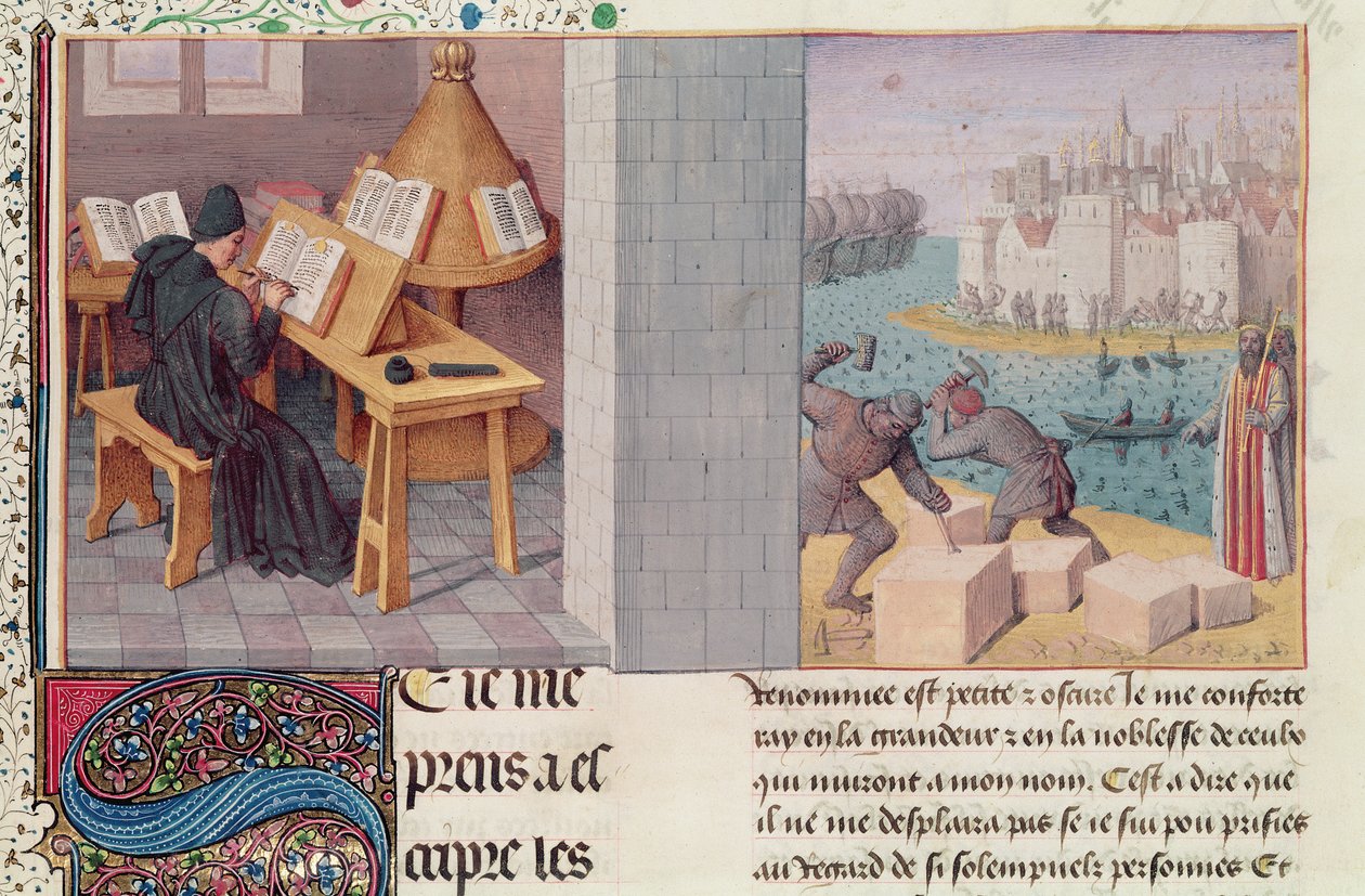Ms.fr.273 fol.7 Livius (59 v.Chr.-17 n.Chr.) Schrijven en de stichting van Rome, uit 