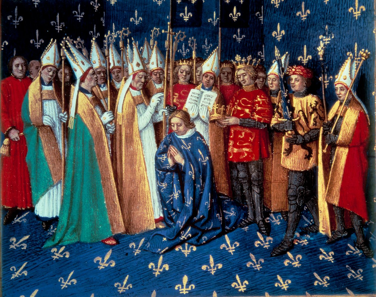 De kroning van Philippe Auguste in Reims op 1/11/1179. Miniatuur uit Kronieken van Saint Denis door Jean Fouquet (1420-1481) 15e eeuw door Jean Fouquet