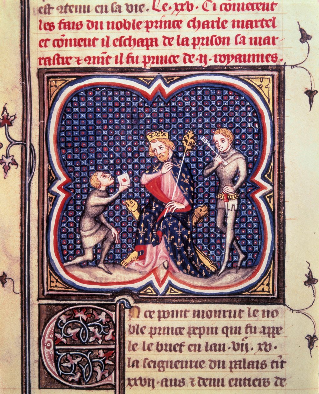 De burgemeester van het paleis Karel Martel (688-741) en zijn kamerheer ontvangen een boodschapper van de hertog van Eudes van Aquitanië (681-736) Miniatuur uit Jean Fouquet