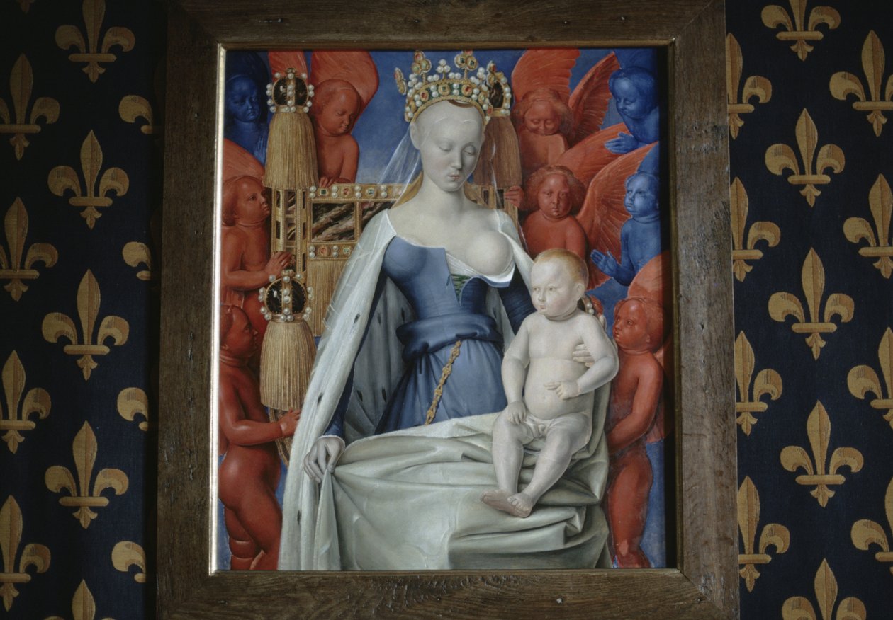zicht op het schilderij Madonna omringd door serafijnen en cherubijnen in het kasteel van Loches, Frankrijk (foto) door Jean Fouquet