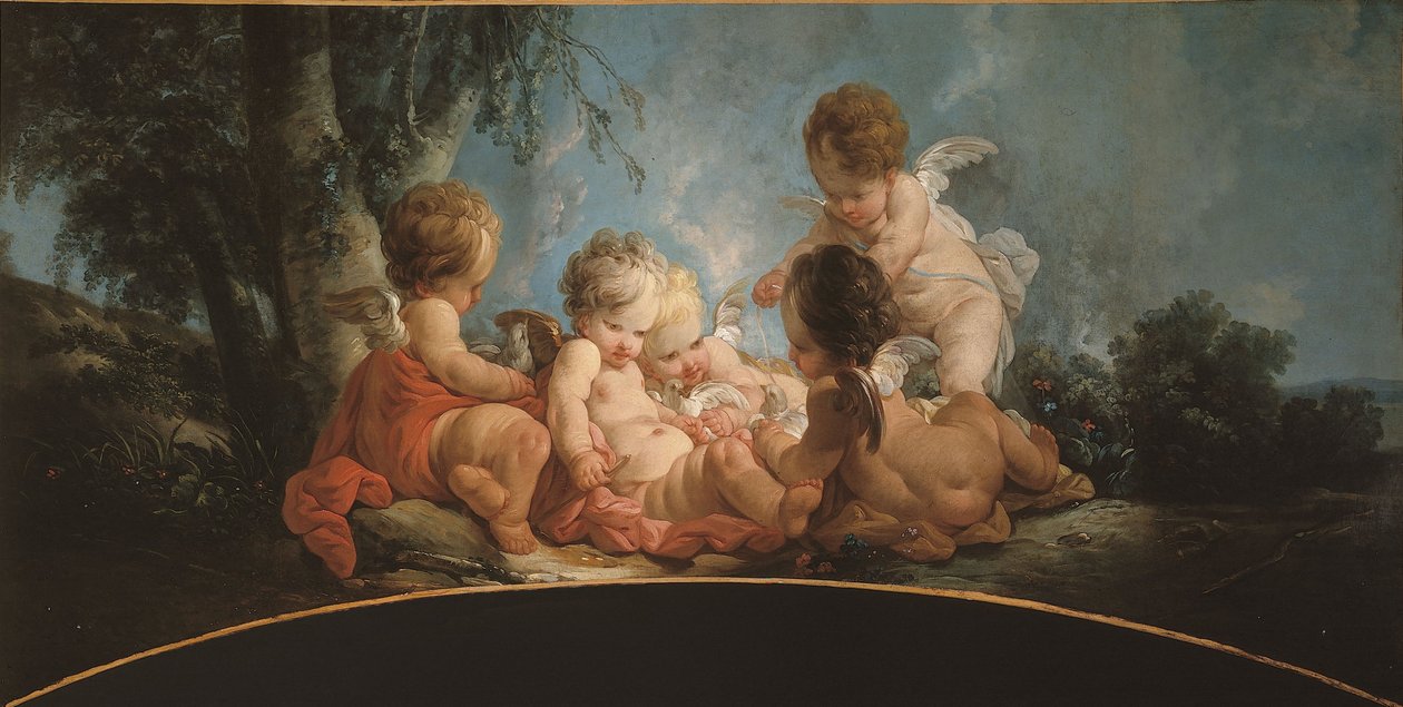 Groep van vijf liefdes die met duiven spelen, circa 1761 door Jean-Francois Clermont