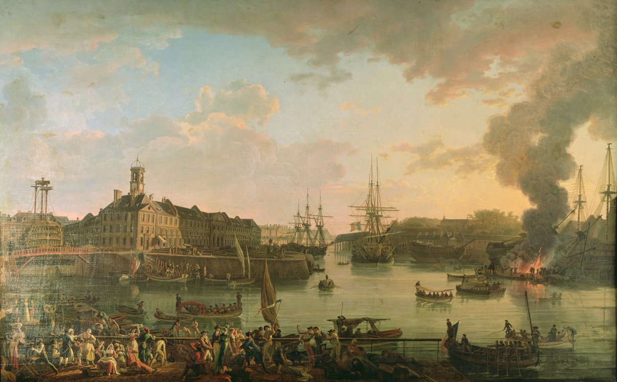 Uitzicht op de haven van Brest vanuit de overdekte dokken in 1795 door Jean Francois Hue