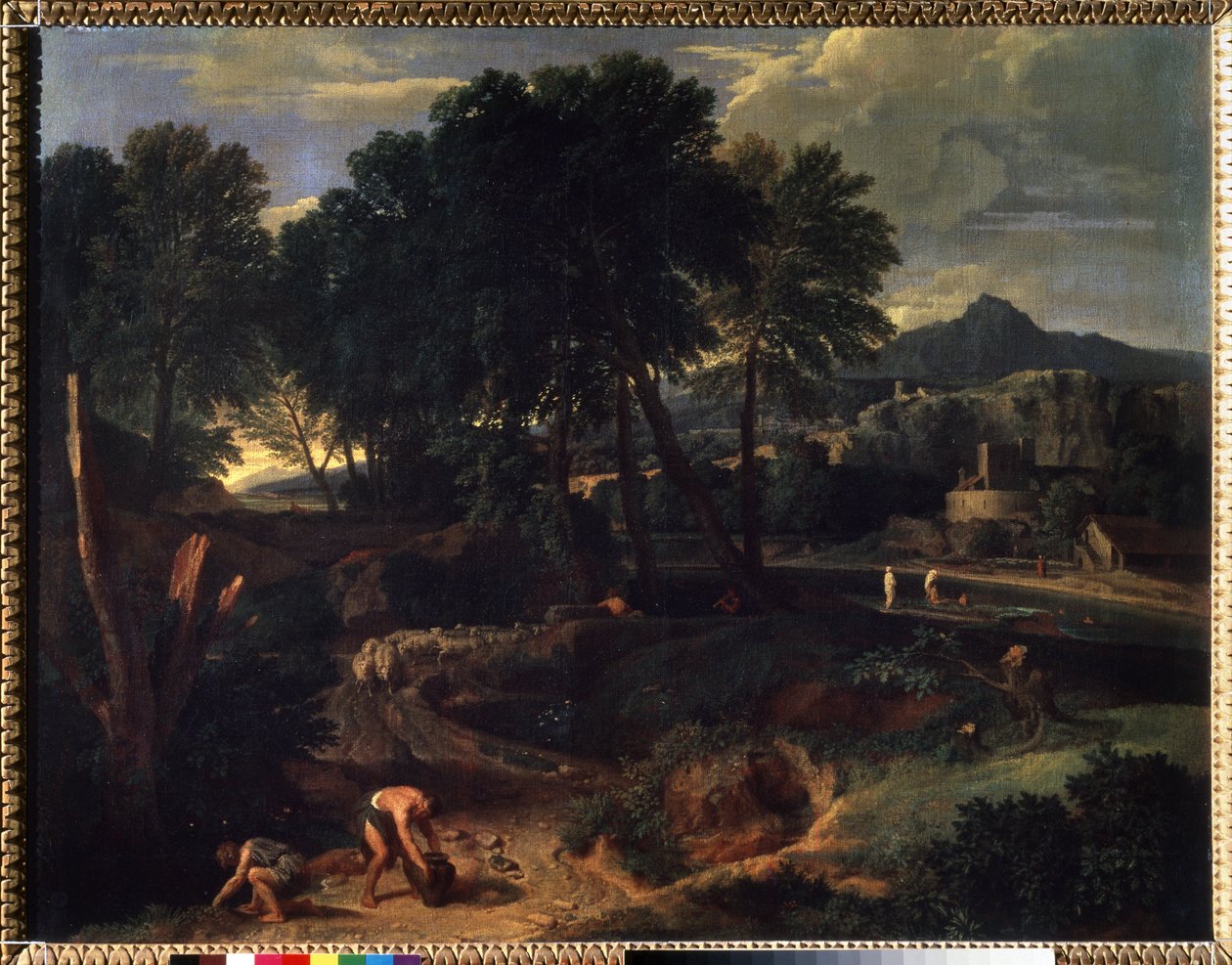Landschap met een kudde schapen op de weg door Jean Francois I Millet