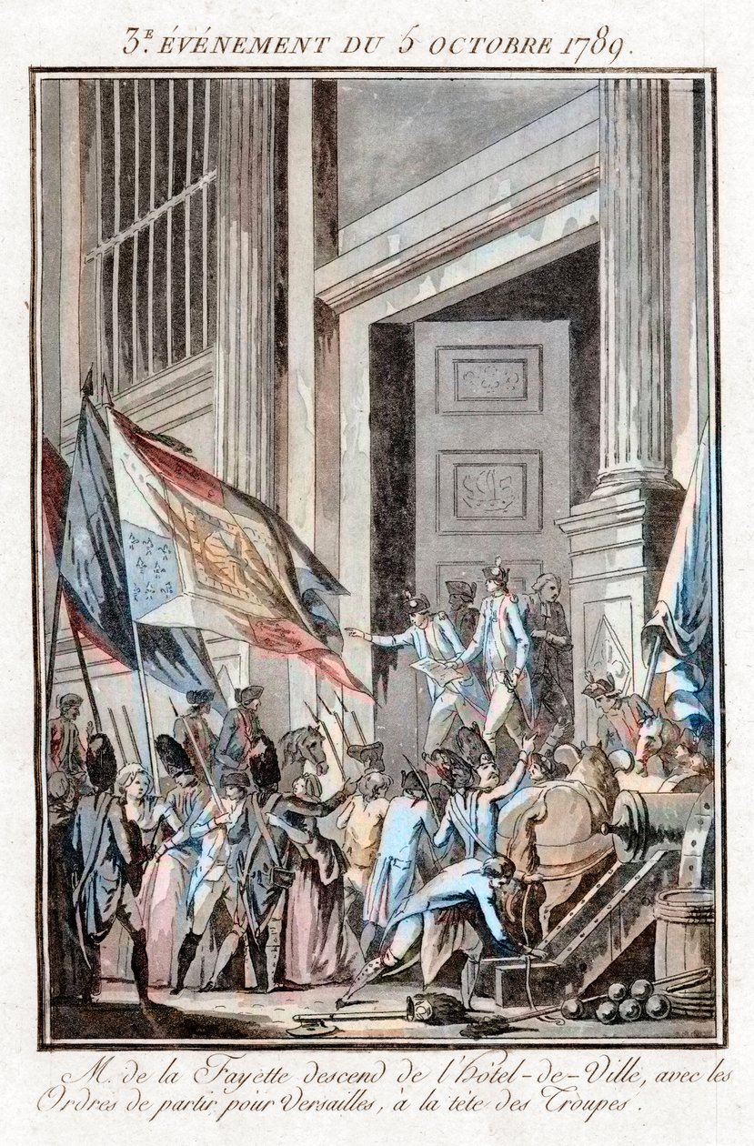 Franse Revolutie - La Fayette verlaat het stadhuis van Parijs om naar Versailles te gaan, 5 oktober door Jean Francois Janinet
