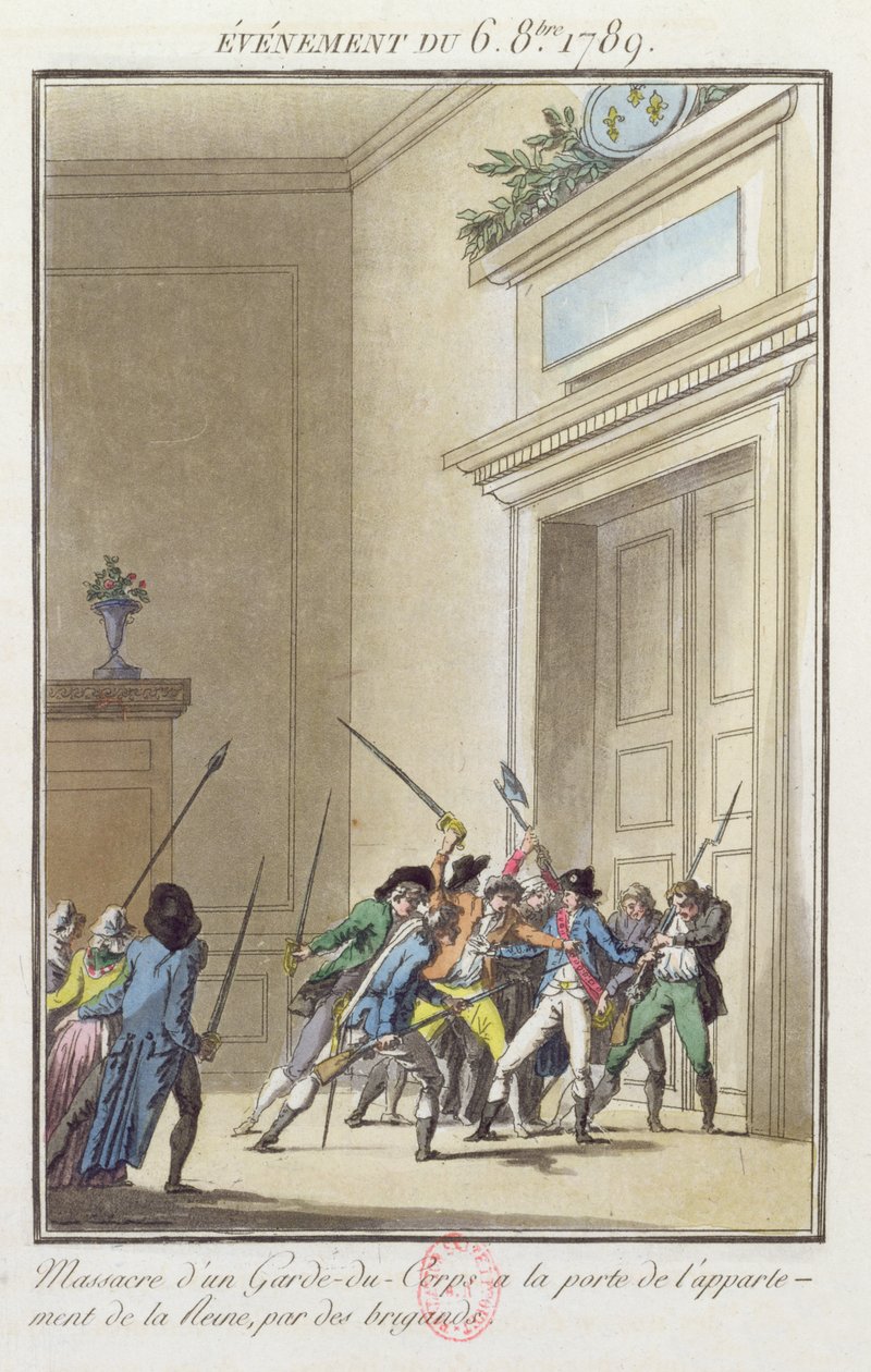 Menigte Parijzenaars die de wacht aanvallen en doden bij de ingang van de appartementen van de koningin in Versailles 6 oktober 1789 door Jean Francois Janinet