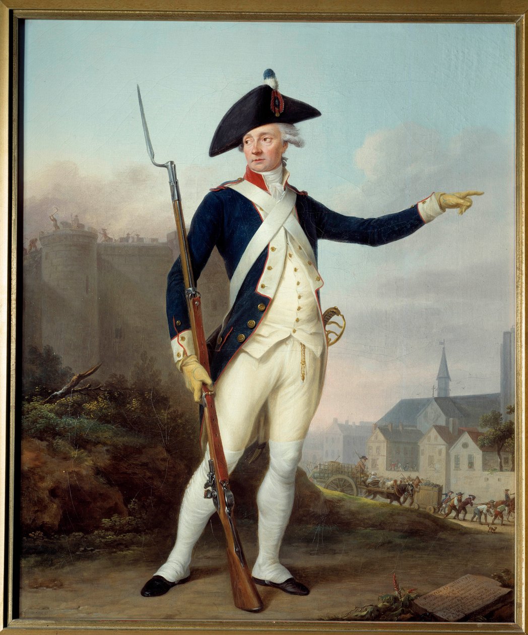 Franse Revolutie: "Portret van burger Nau Deville in uniform van de nationale garde (op de achtergrond de sloop van de Bastille)" door Jean Francois Marie Bellier