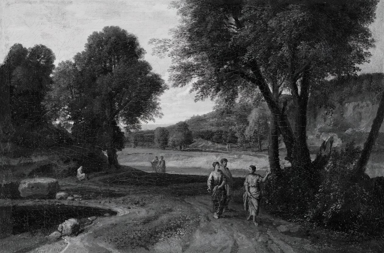 Klassiek Landschap met Twee Vrouwen en een Man op een Pad door Jean Francois Millet
