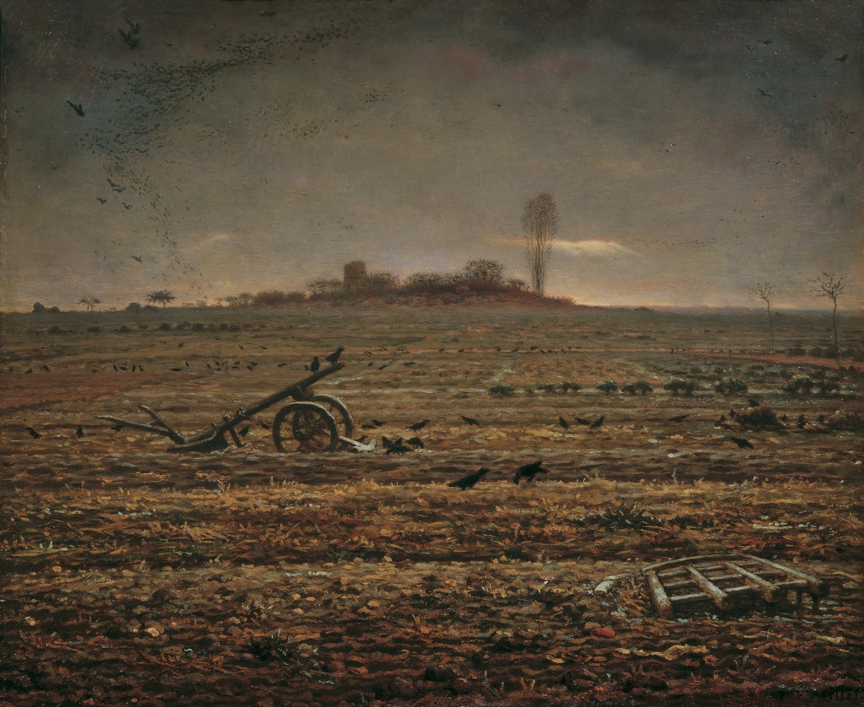 De vlakte van Chailly met eg en ploeg door Jean Francois Millet