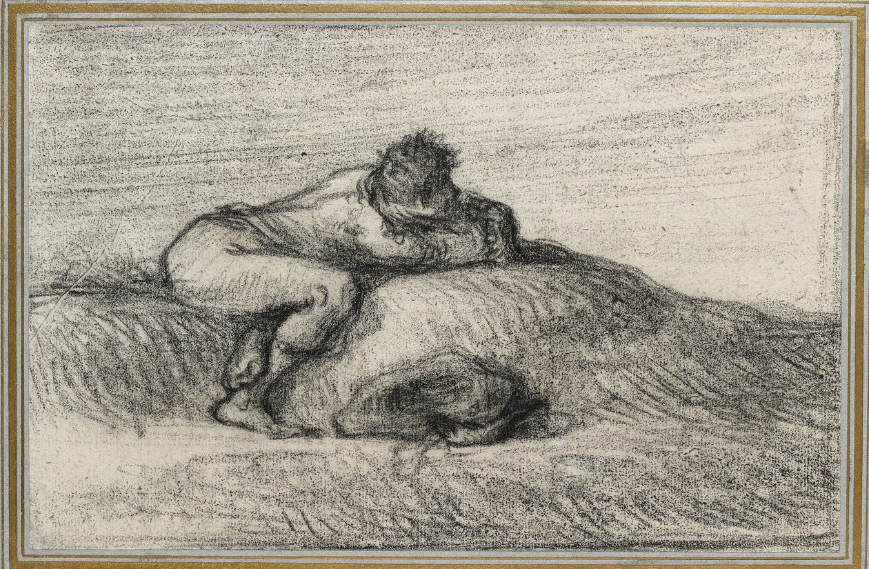 Man gehurkt op een heuveltje, 1848 - 1850 door Jean-Francois Millet