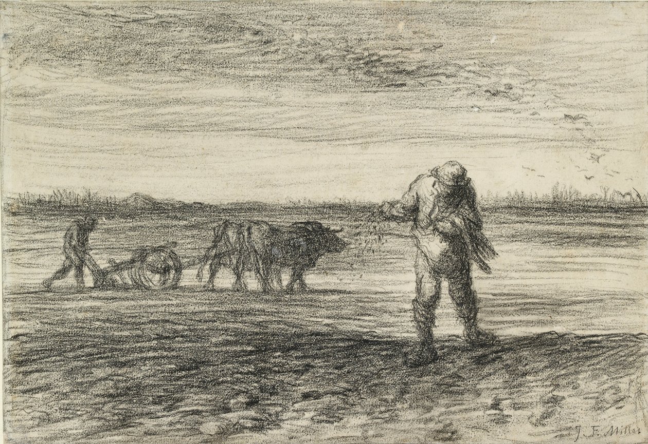 Man aan het ploegen en een ander aan het zaaien, 1849-1852 door Jean Francois Millet