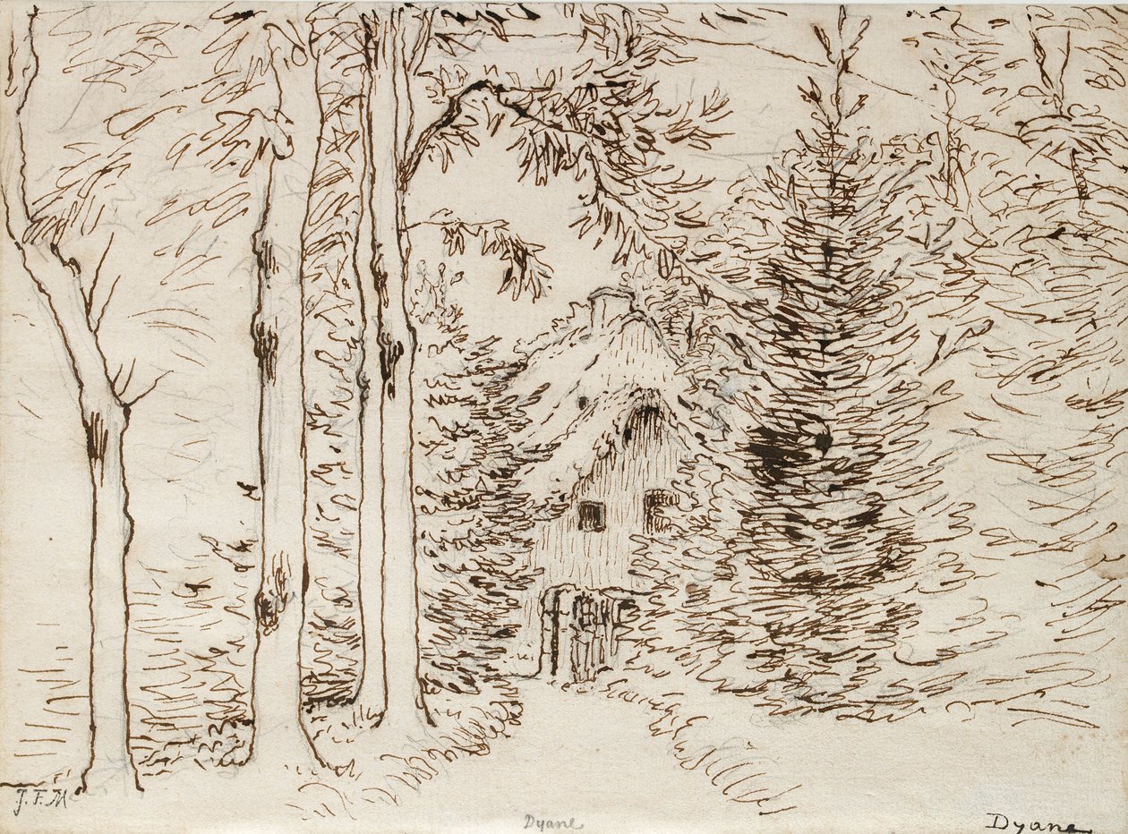 Pad door het bos naar een huis met rieten dak door Jean-Francois Millet