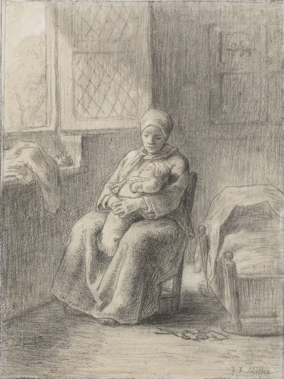 Zittende vrouw met een baby bij een raam, ca. 1824-75 door Jean Francois Millet