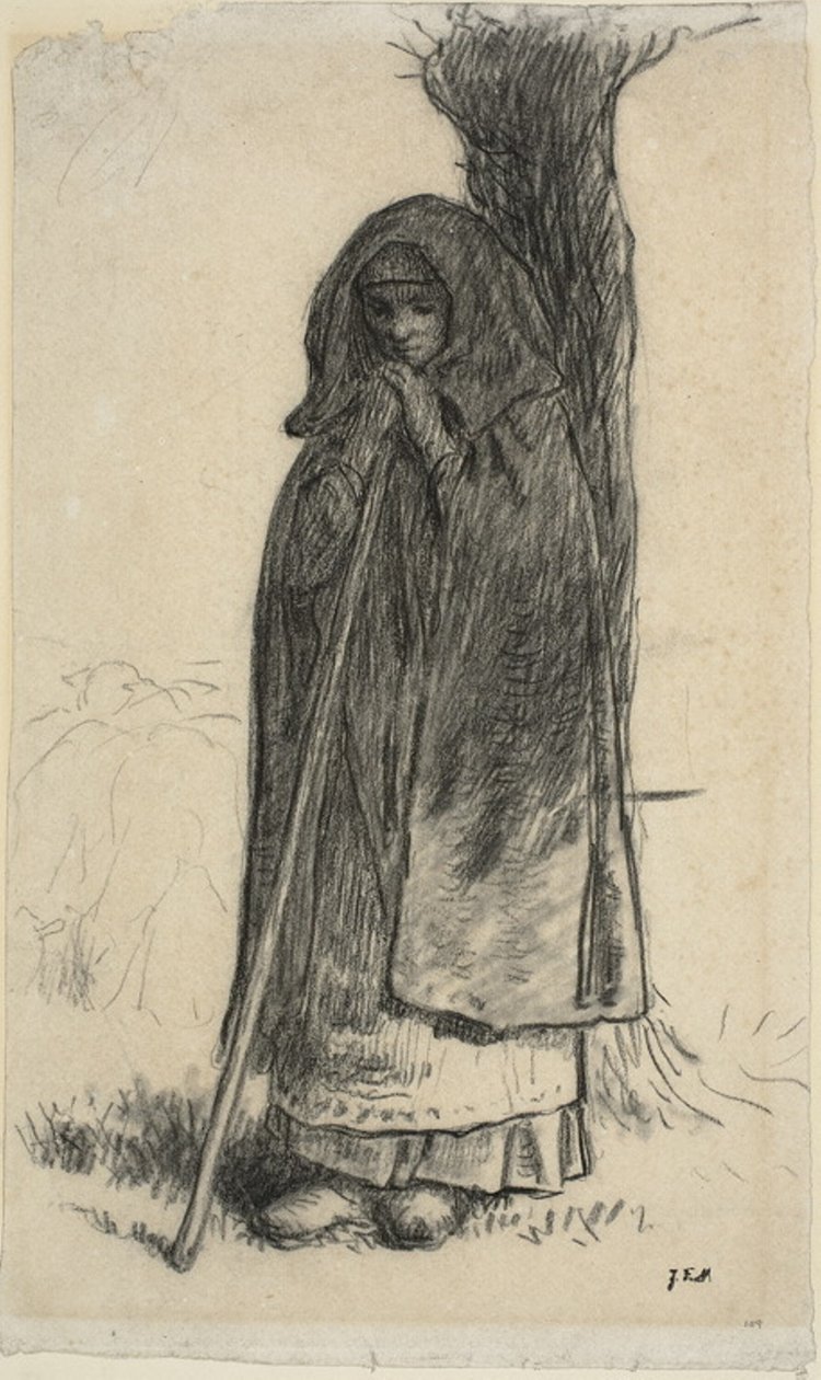 Herderin leunend tegen een boom door Jean-Francois Millet