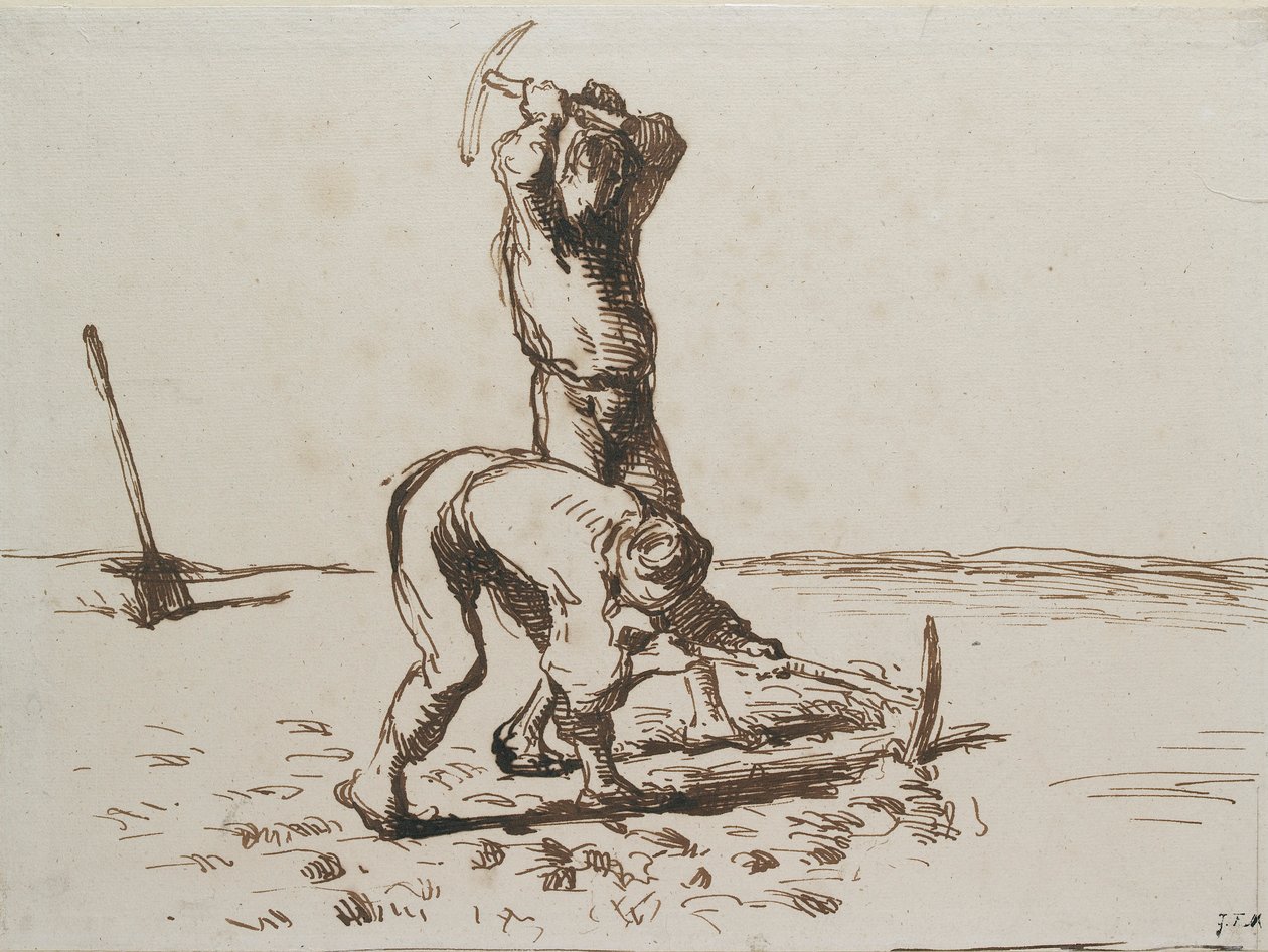 Twee Boeren die Graven met Pikhouwelen, ca. 1844-1846 door Jean Francois Millet