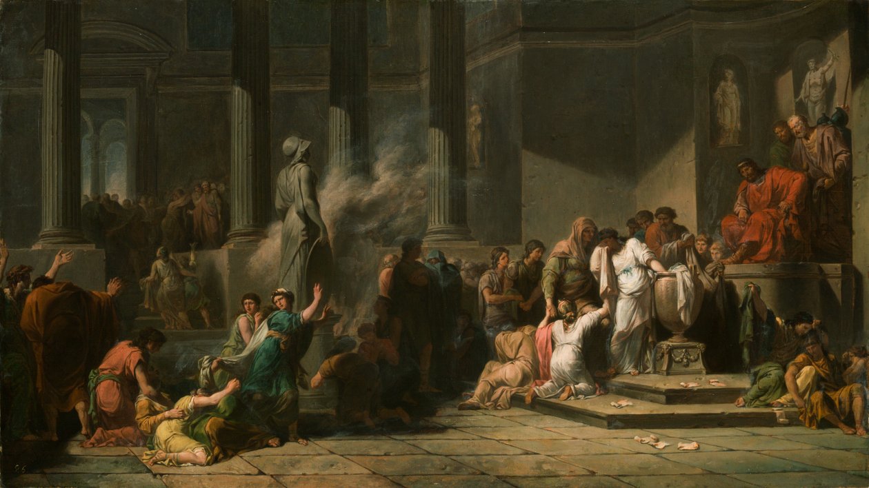 Atheense meisjes trekken loten om te bepalen welke zeven van hen naar Kreta worden gestuurd voor het offer aan de Minotaurus door Jean François Pierre Peyron