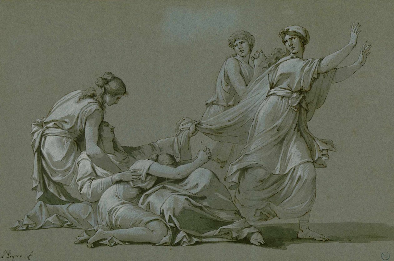 De jonge mannen en vrouwen van Athene om als offer slachtoffers aan Minotaurus te worden aangeboden, ca. 1778 door Jean François Pierre Peyron
