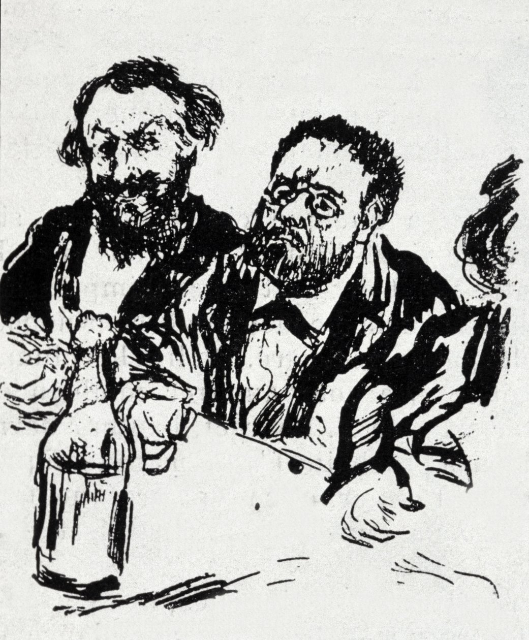 De schilder Edouard Manet (1832-1883) en de schrijver Emile Zola (1840-1902) aan tafel. Karikatuur door Jean Francois Raffaelli (1850-1924) door Jean Francois Raffaelli