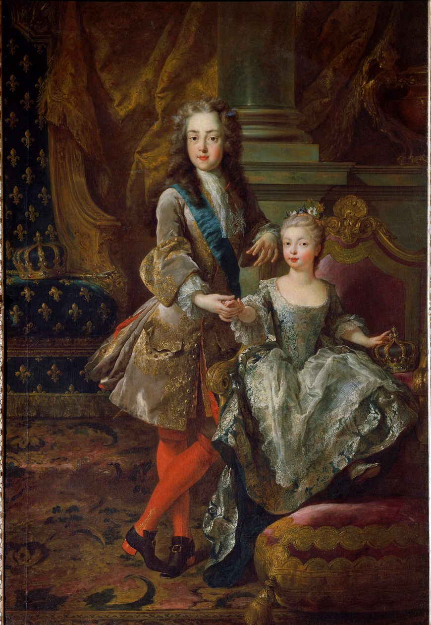 Portret van koning Lodewijk XV (1710-1774) en zijn verloofde Marie Anne Victoire van Spanje (1718-1781), dochter van Filips V van Spanje door Jean François de Troy