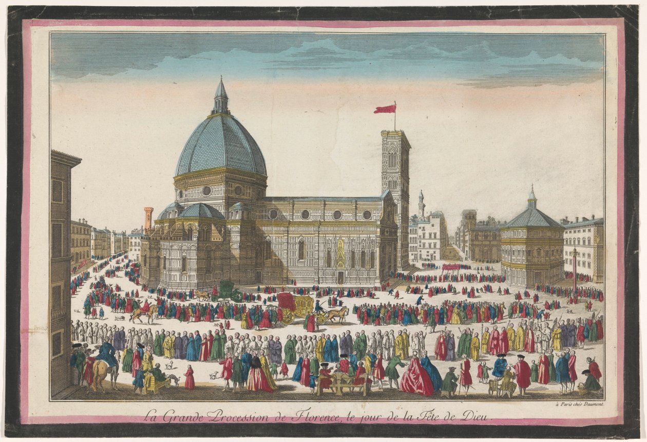 Gezicht op de Dom te Florence met een processie op Sacramentsdag door Jean François Daumont
