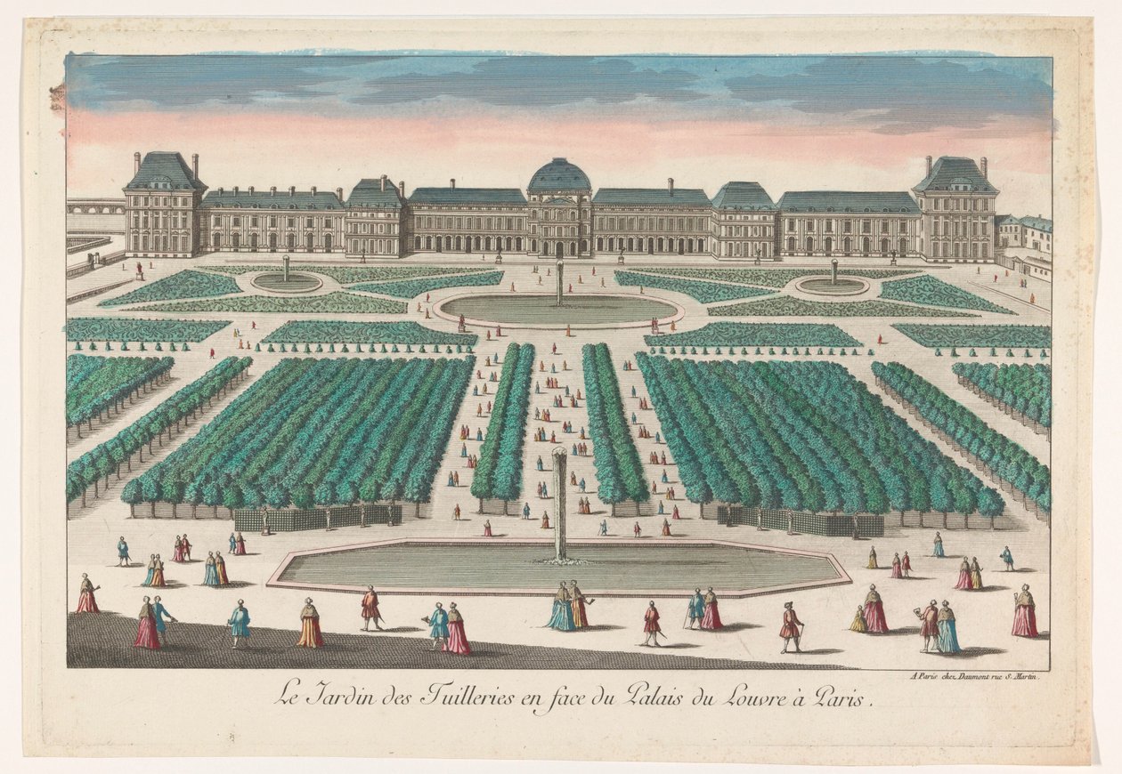Gezicht op de Jardin des Tuileries te Parijs gezien richting het Palais du Louvre door Jean François Daumont